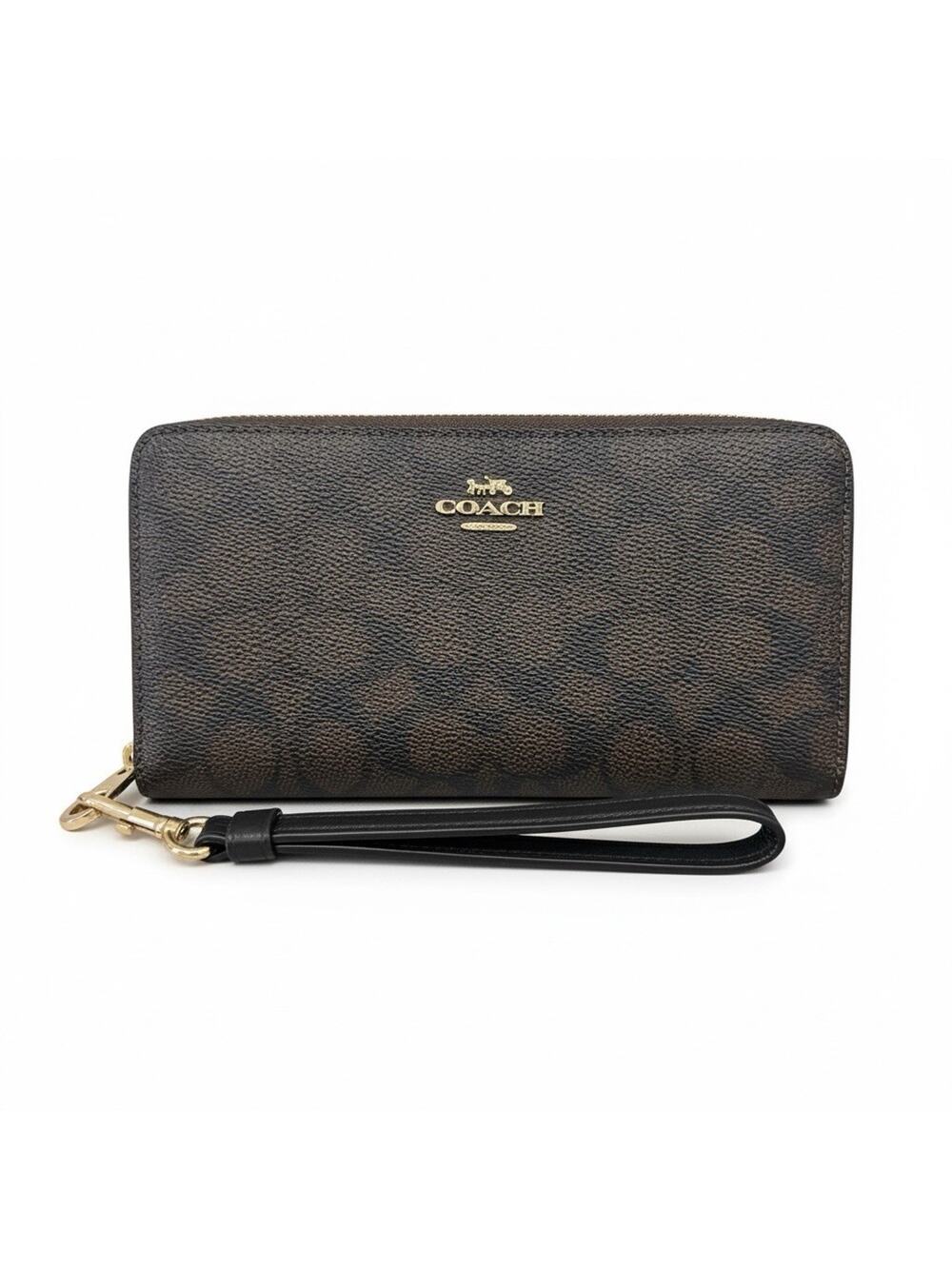 Coach Long Zip Around Wallet Signature Canvas Walnut Black Gold Tone Wristlet